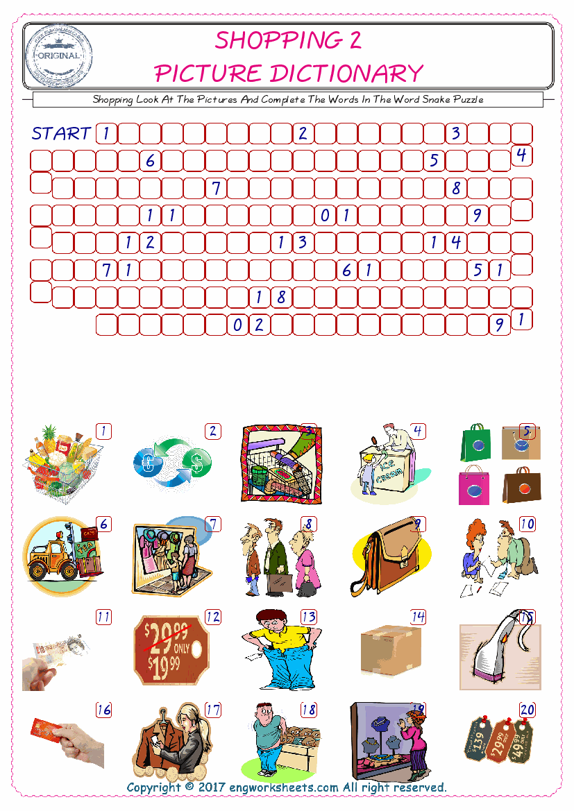  Check the Illustrations of Shopping english worksheets for kids, and Supply the Missing Words in the Word Snake Puzzle ESL play. 